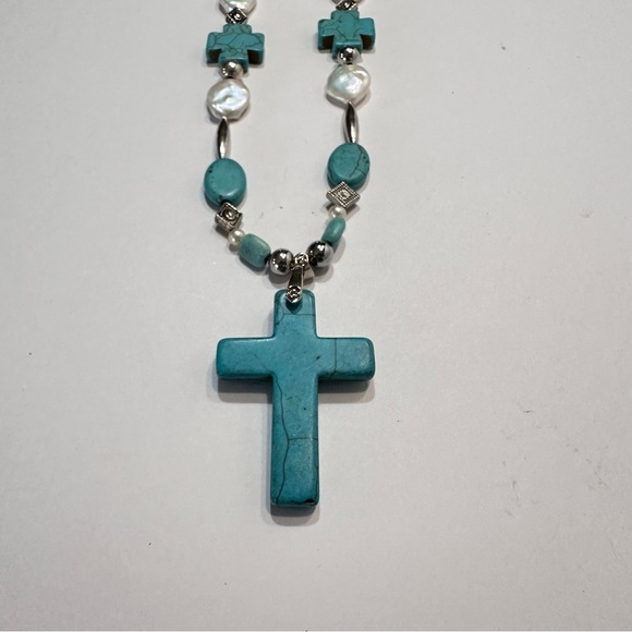 Turquoise Cross Statement Necklace Pearl & Faux Pearl Beaded Artisan Made - Picture 9 of 14
